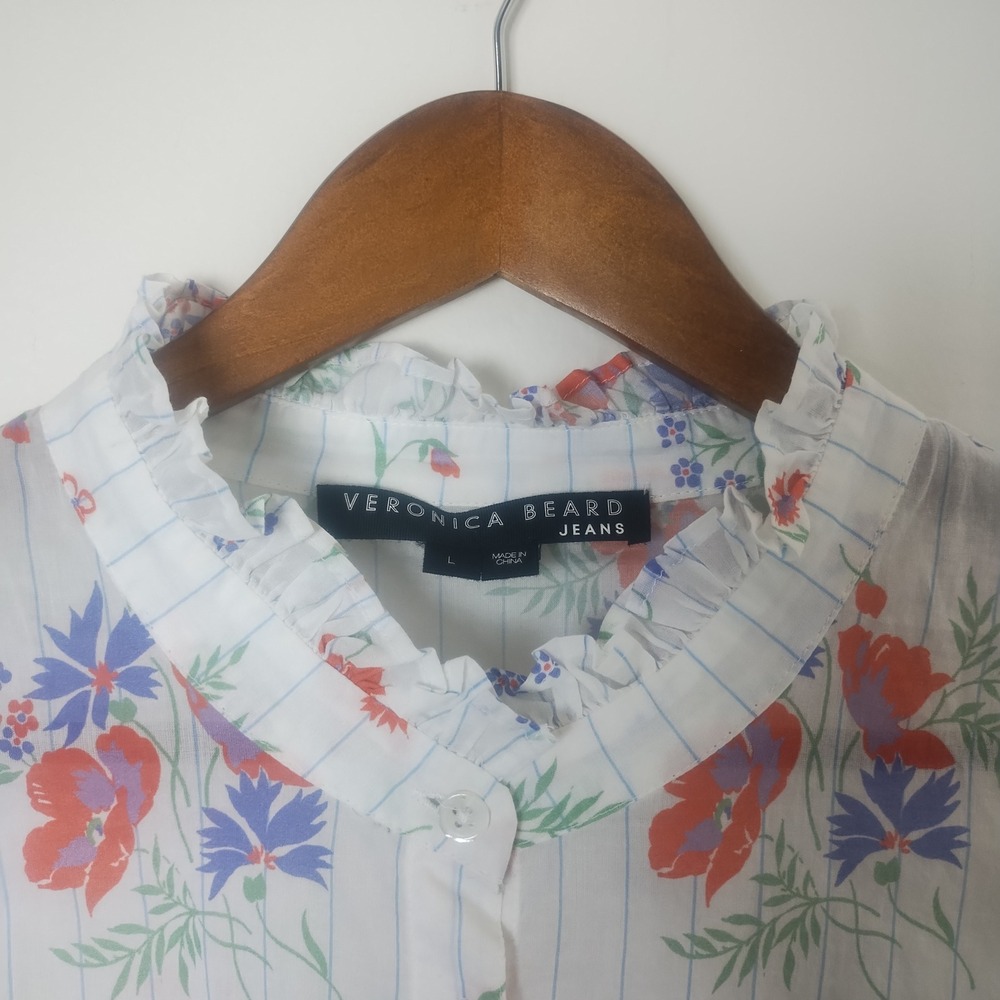 Veronica Beard Button Up Blouse Women's L Cotton Floral Ruffle Victorian Cottage - Picture 4 of 11